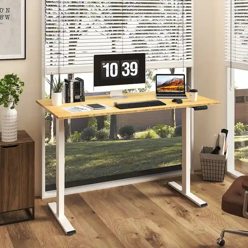 Bureau debout électrique réglable en hauteur avec plateau en bambou (blanc / noir / gris) et contrôleur à mémoire – 1 personne