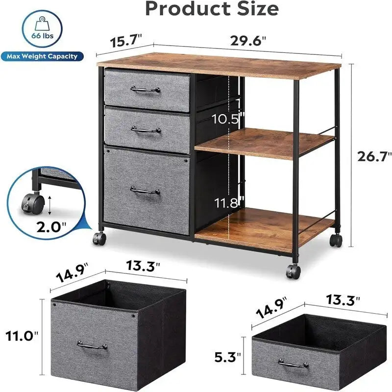 Classeur mobile à 3 tiroirs gris clair / marron rustique / noir / blanc avec plateau en bois, étagères ouvertes et roulettes verrouillables