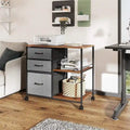 Classeur mobile à 3 tiroirs gris clair / marron rustique / noir / blanc avec plateau en bois, étagères ouvertes et roulettes verrouillables