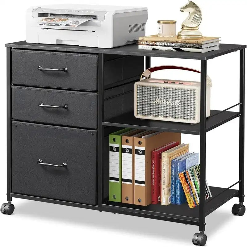 Classeur mobile à 3 tiroirs gris clair / marron rustique / noir / blanc avec plateau en bois, étagères ouvertes et roulettes verrouillables