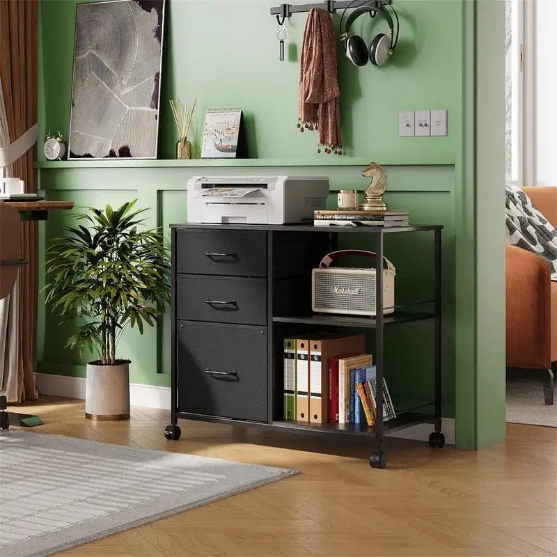 Classeur mobile à 3 tiroirs gris clair / marron rustique / noir / blanc avec plateau en bois, étagères ouvertes et roulettes verrouillables