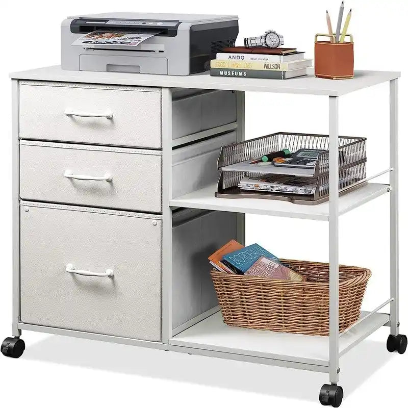 Classeur mobile à 3 tiroirs gris clair / marron rustique / noir / blanc avec plateau en bois, étagères ouvertes et roulettes verrouillables