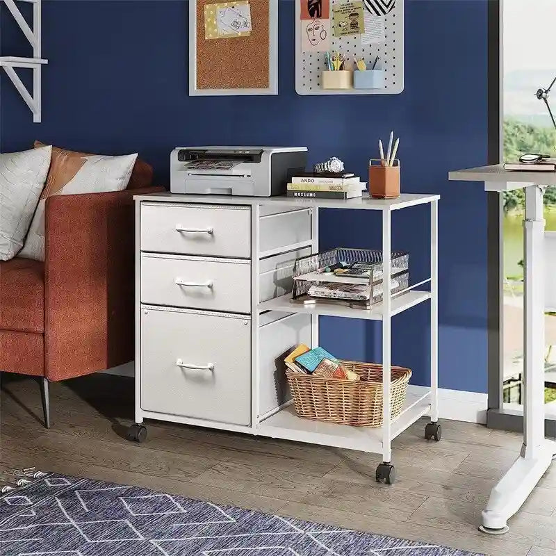 Classeur mobile à 3 tiroirs gris clair / marron rustique / noir / blanc avec plateau en bois, étagères ouvertes et roulettes verrouillables
