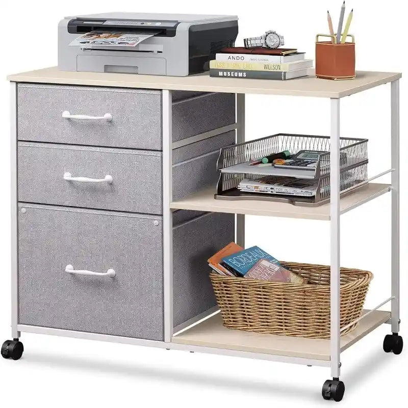 Classeur mobile à 3 tiroirs gris clair / marron rustique / noir / blanc avec plateau en bois, étagères ouvertes et roulettes verrouillables