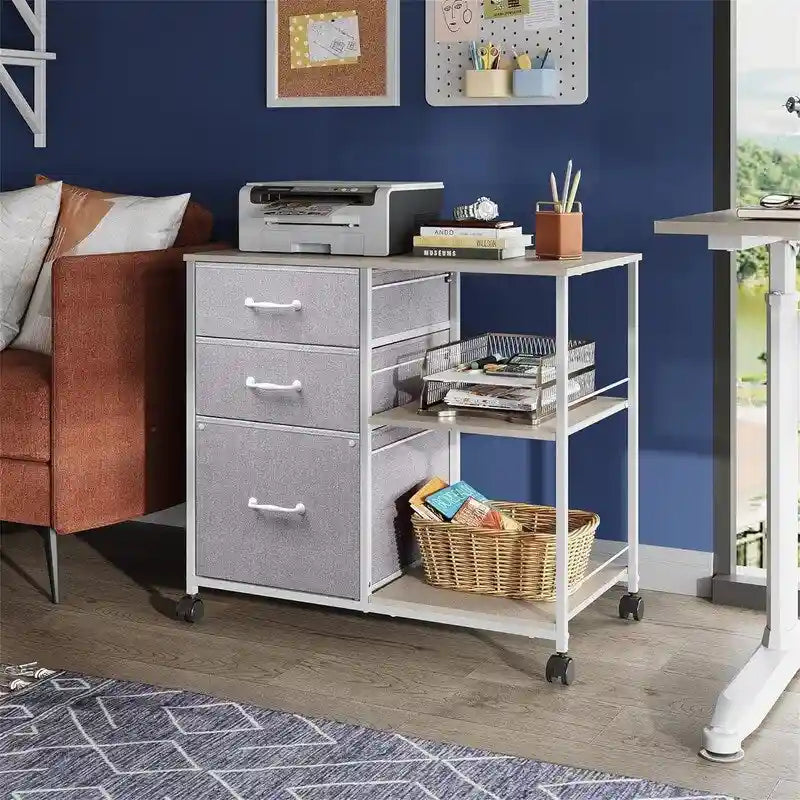 Classeur mobile à 3 tiroirs gris clair / marron rustique / noir / blanc avec plateau en bois, étagères ouvertes et roulettes verrouillables