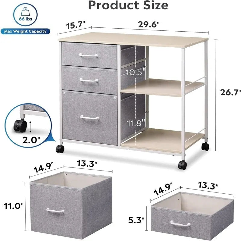 Classeur mobile à 3 tiroirs gris clair / marron rustique / noir / blanc avec plateau en bois, étagères ouvertes et roulettes verrouillables
