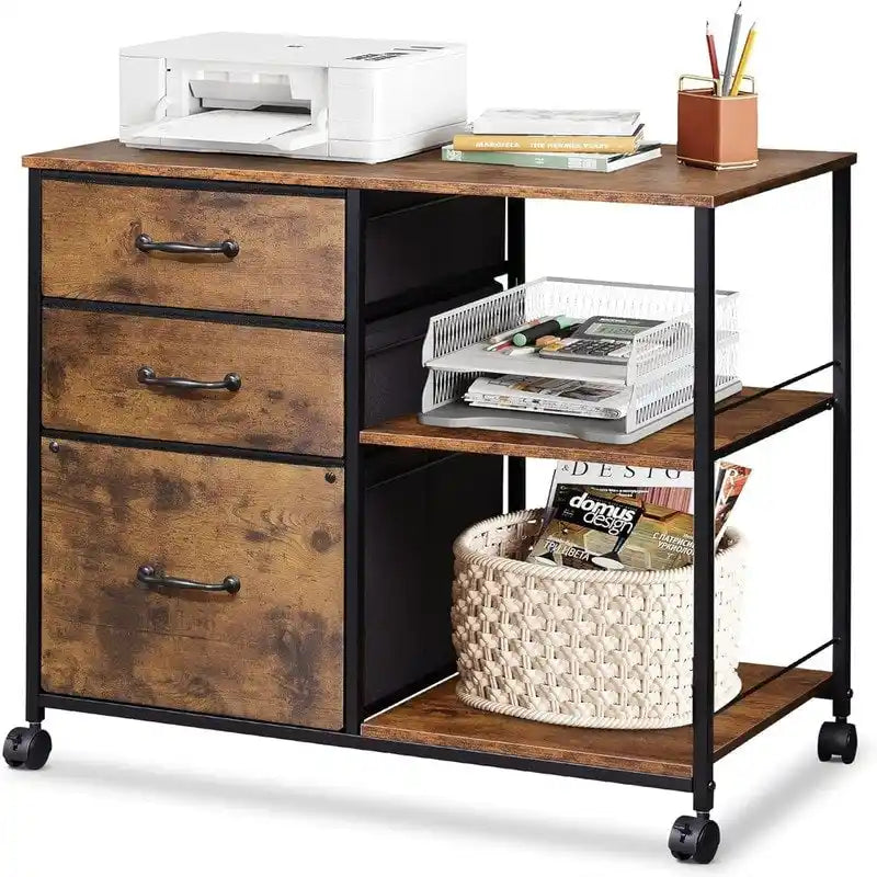 Classeur mobile à 3 tiroirs gris clair / marron rustique / noir / blanc avec plateau en bois, étagères ouvertes et roulettes verrouillables