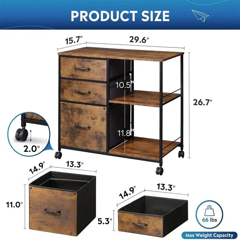 Classeur mobile à 3 tiroirs gris clair / marron rustique / noir / blanc avec plateau en bois, étagères ouvertes et roulettes verrouillables