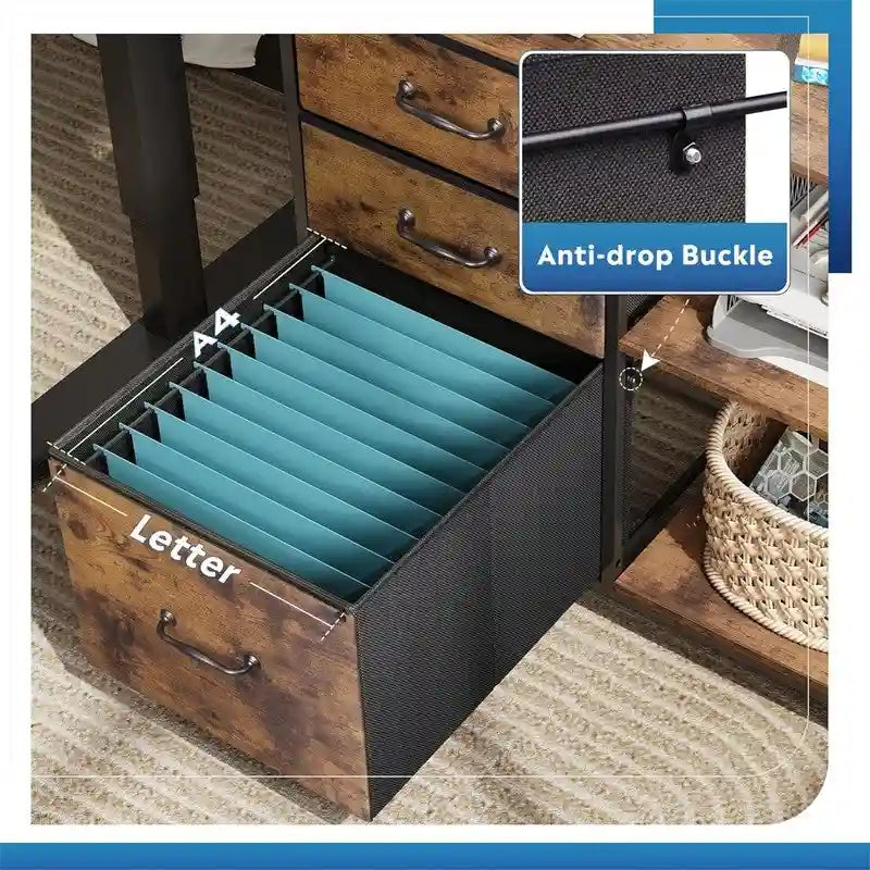 Classeur mobile à 3 tiroirs gris clair / marron rustique / noir / blanc avec plateau en bois, étagères ouvertes et roulettes verrouillables