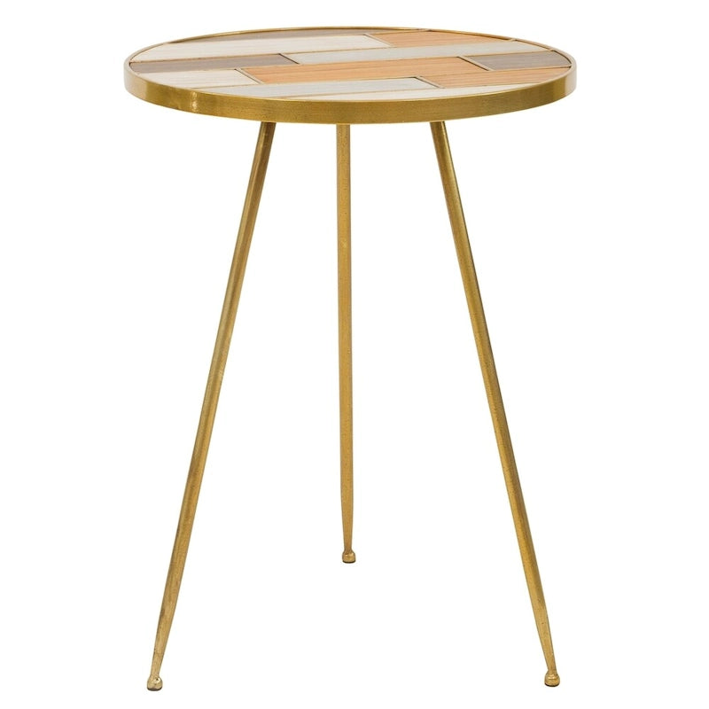 Table d'appoint ronde décorative en or, bois et métal, avec plateau en bois incrusté de teintes multiples