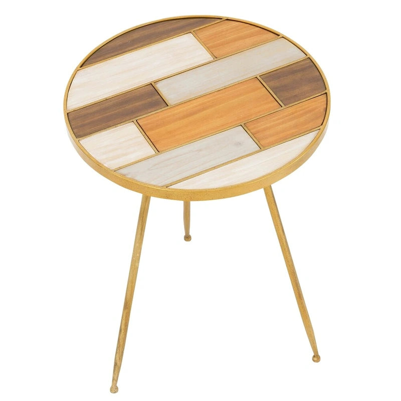 Table d'appoint ronde décorative en or, bois et métal, avec plateau en bois incrusté de teintes multiples