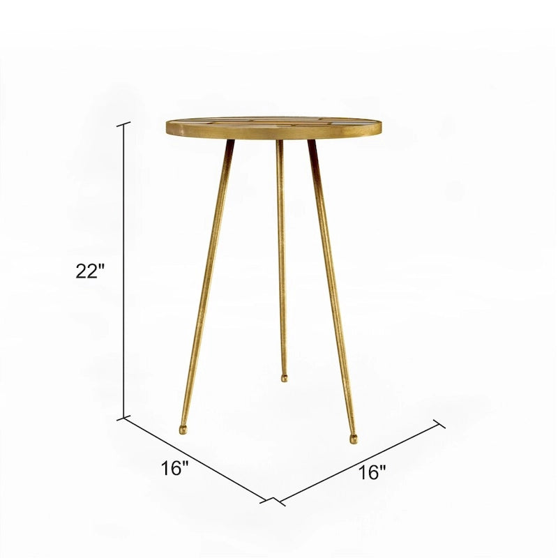 Table d'appoint ronde décorative en or, bois et métal, avec plateau en bois incrusté de teintes multiples