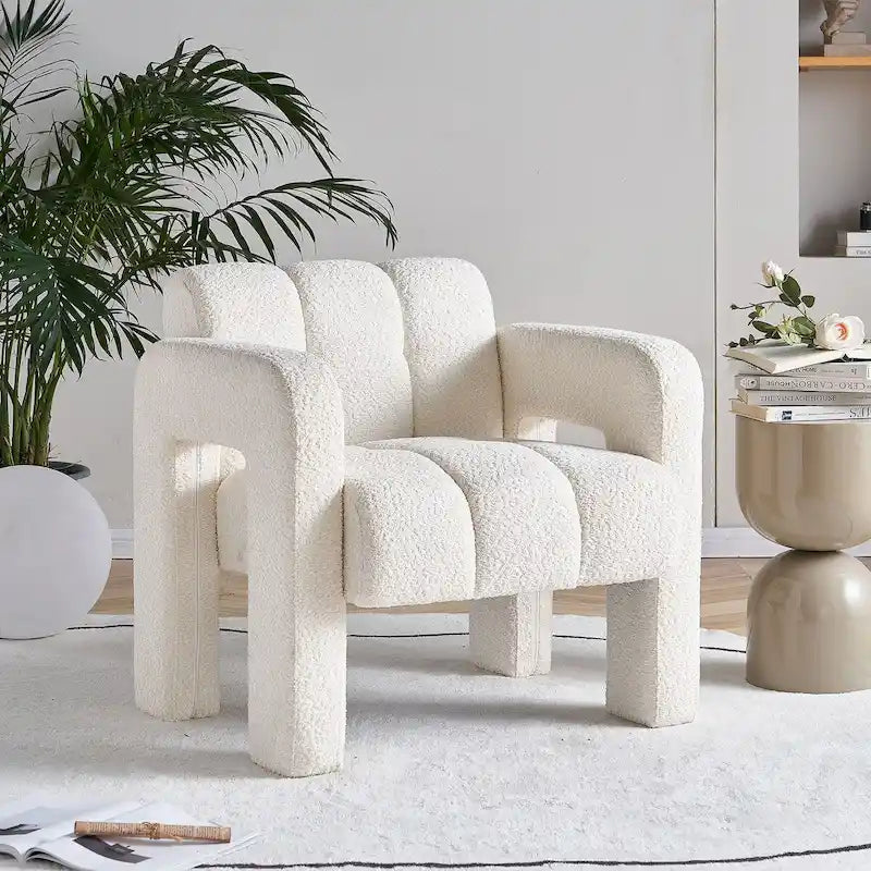 Fauteuil d'appoint 1 place en bouclette beige/vert avec structure en bois massif