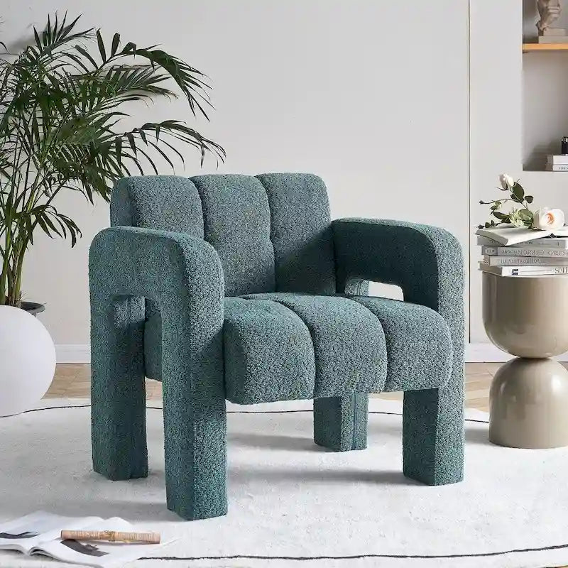 Fauteuil d'appoint 1 place en bouclette beige/vert avec structure en bois massif