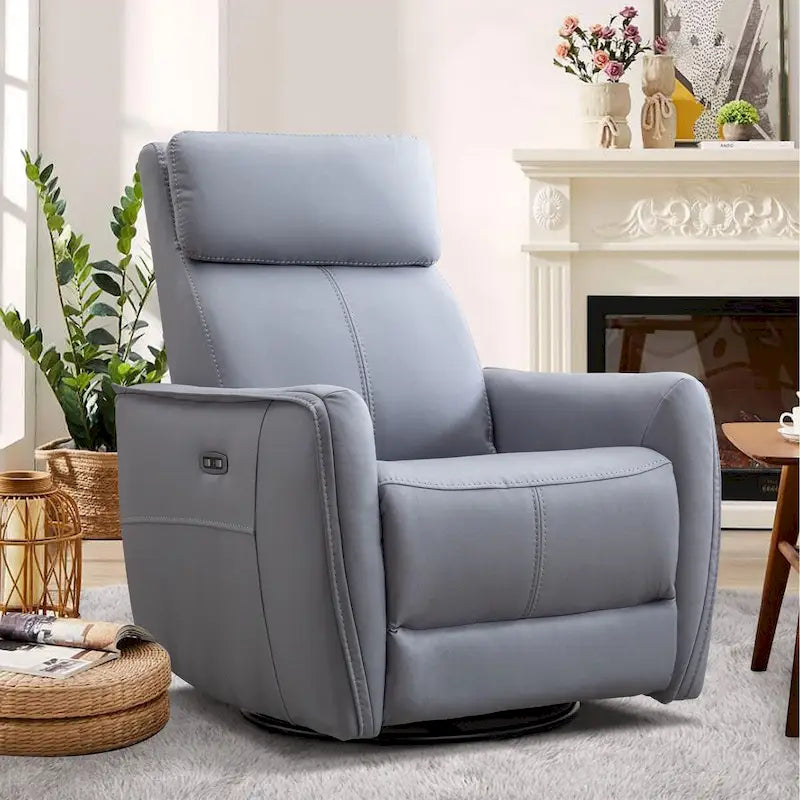 Fauteuil inclinable, pivotant et berçant électrique 1 place en similicuir gris clair / jaune / orange avec ports USB