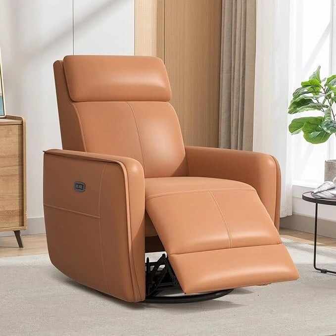 Fauteuil inclinable, pivotant et berçant électrique 1 place en similicuir gris clair / jaune / orange avec ports USB