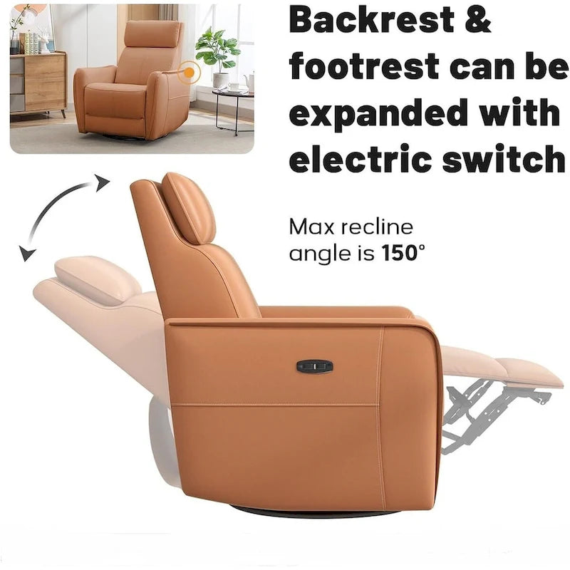 Fauteuil inclinable, pivotant et berçant électrique 1 place en similicuir gris clair / jaune / orange avec ports USB