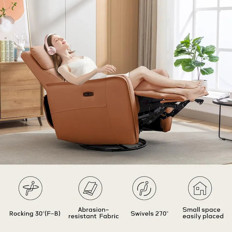 Fauteuil inclinable, pivotant et berçant électrique 1 place en similicuir gris clair / jaune / orange avec ports USB