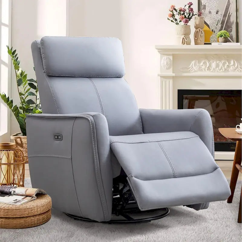 Fauteuil inclinable, pivotant et berçant électrique 1 place en similicuir gris clair / jaune / orange avec ports USB