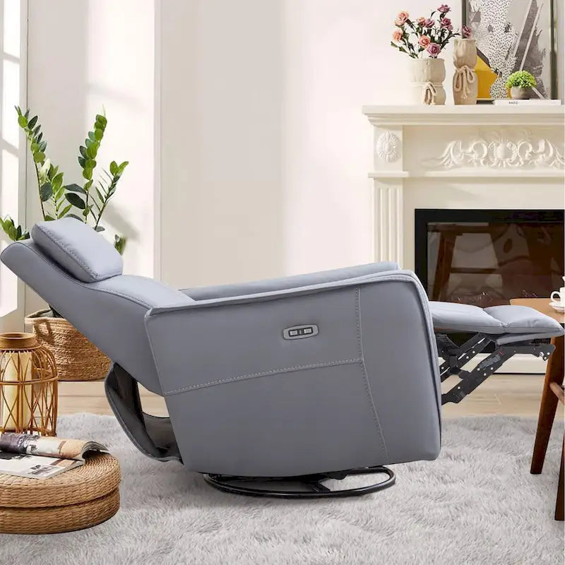 Fauteuil inclinable, pivotant et berçant électrique 1 place en similicuir gris clair / jaune / orange avec ports USB