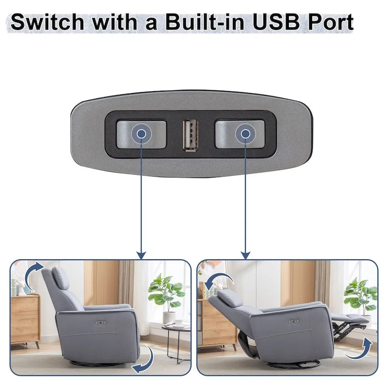 Fauteuil inclinable, pivotant et berçant électrique 1 place en similicuir gris clair / jaune / orange avec ports USB