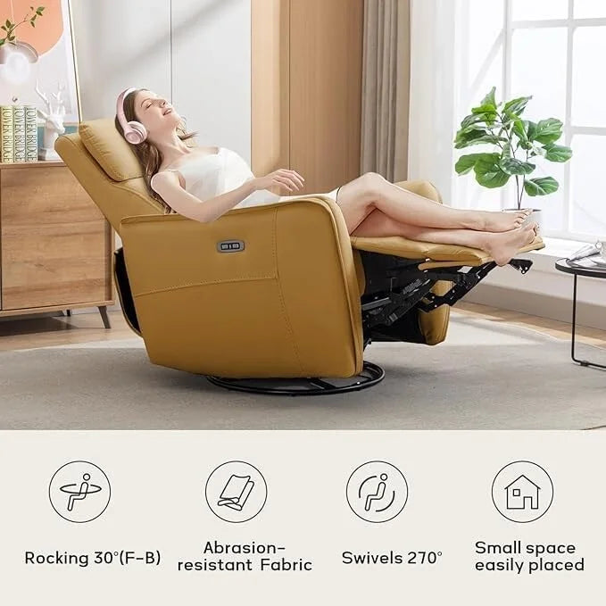 Fauteuil inclinable, pivotant et berçant électrique 1 place en similicuir gris clair / jaune / orange avec ports USB
