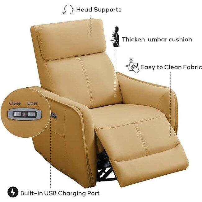Fauteuil inclinable, pivotant et berçant électrique 1 place en similicuir gris clair / jaune / orange avec ports USB
