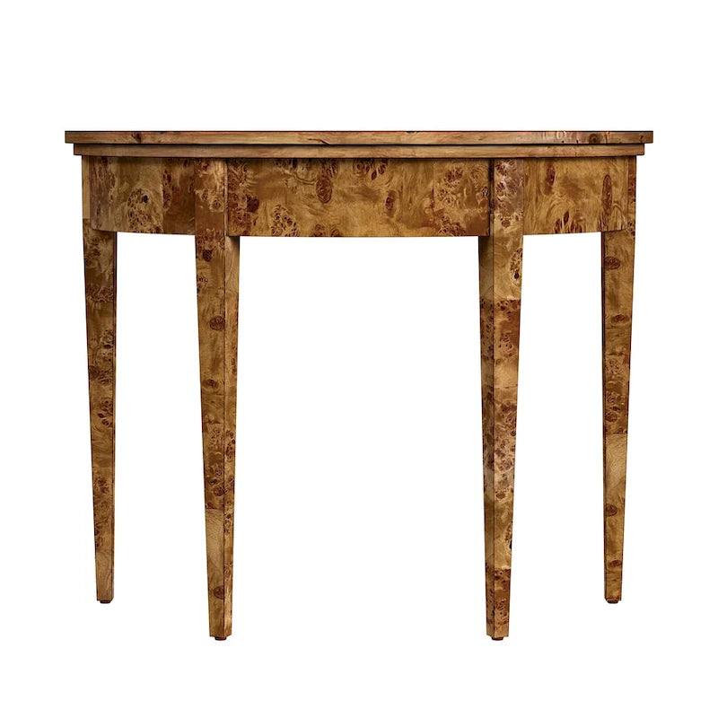 Console demi-lune en loupe traditionnelle / loupe claire avec plateau en placage de loupe et pieds fuselés sculptés
