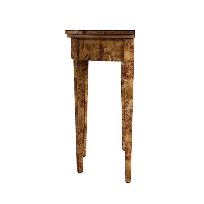 Console demi-lune en loupe traditionnelle / loupe claire avec plateau en placage de loupe et pieds fuselés sculptés