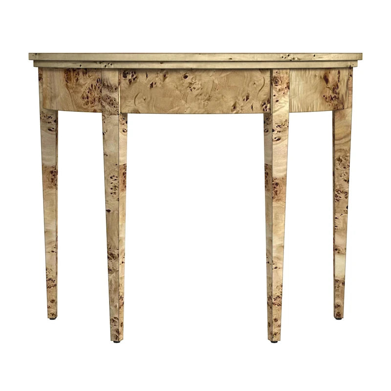 Console demi-lune en loupe traditionnelle / loupe claire avec plateau en placage de loupe et pieds fuselés sculptés