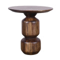 Table d'appoint/de chevet ronde en manguier massif fumé marron avec piédestal et base à géométrie empilée