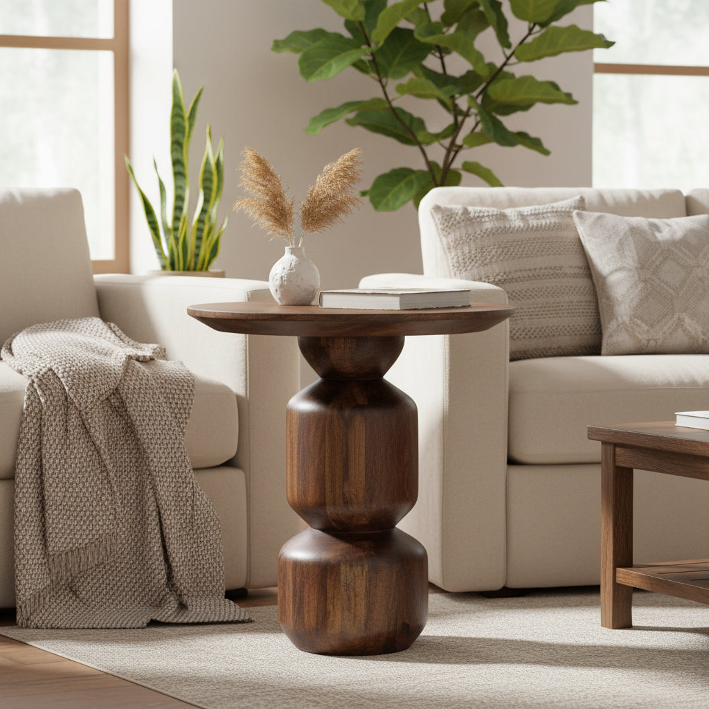 Rise 23 Inch Side End Table, Round, Modern, Pedestal Base, Brown Wood