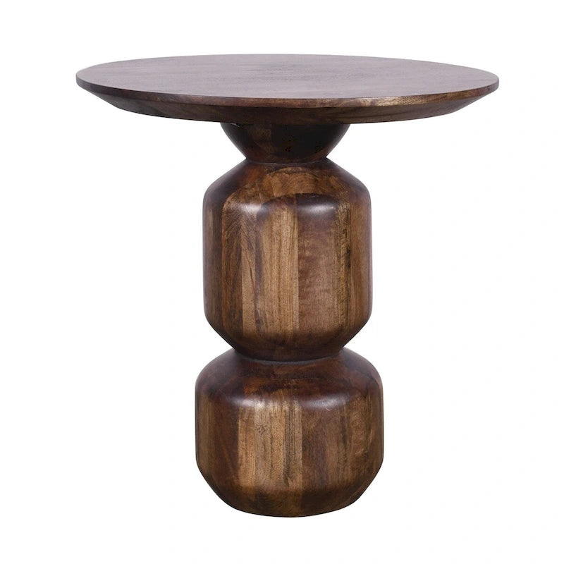 Table d'appoint/de chevet ronde en manguier massif fumé marron avec piédestal et base à géométrie empilée