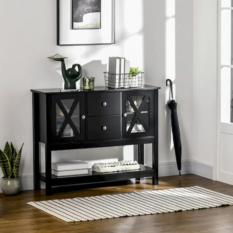 Buffet de salle à manger/crédence moderne noir style ferme avec 2 tiroirs, portes vitrées et étagère ouverte – 1 pièce