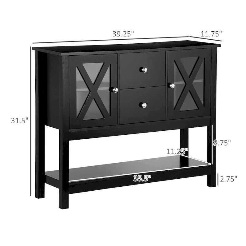 Buffet de salle à manger/crédence moderne noir style ferme avec 2 tiroirs, portes vitrées et étagère ouverte – 1 pièce