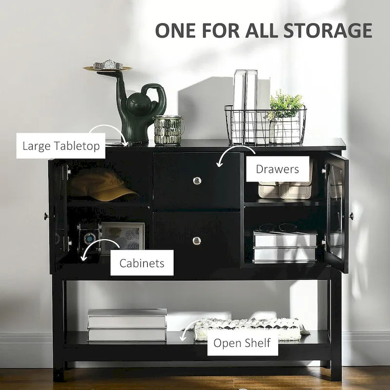 Buffet de salle à manger/crédence moderne noir style ferme avec 2 tiroirs, portes vitrées et étagère ouverte – 1 pièce