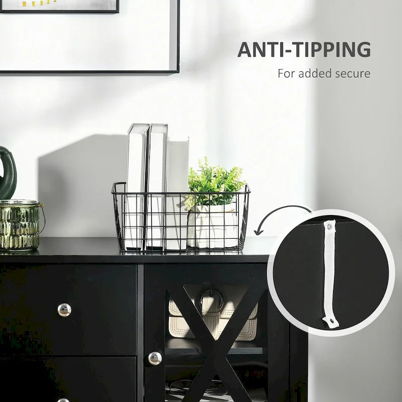 Buffet de salle à manger/crédence moderne noir style ferme avec 2 tiroirs, portes vitrées et étagère ouverte – 1 pièce