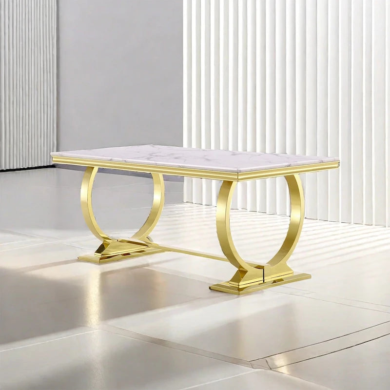 Table à manger en verre trempé blanc et or brossé avec piètement conique – 6 à 8 places