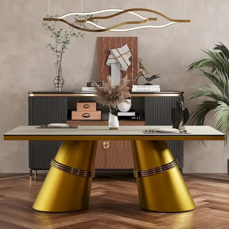 Table à manger en verre trempé blanc et or brossé avec piètement conique – 6 à 8 places