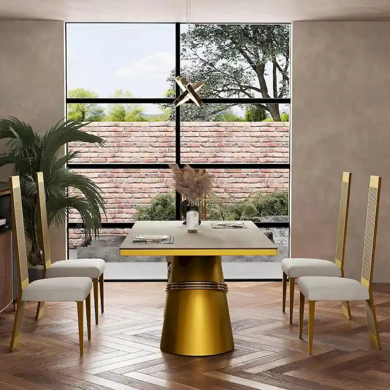 Table à manger en verre trempé blanc et or brossé avec piètement conique – 6 à 8 places