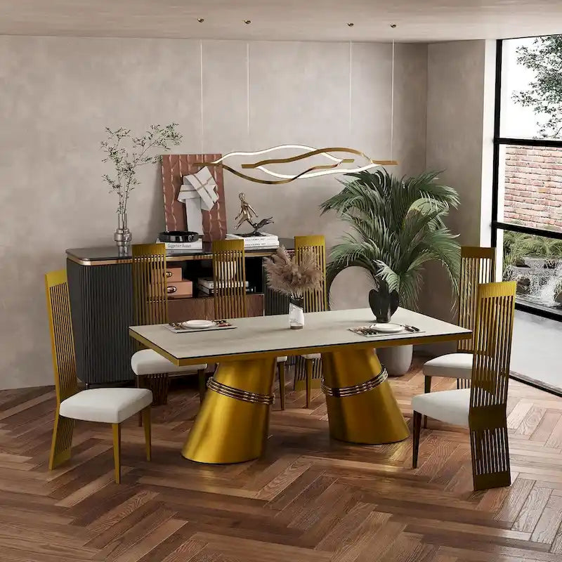Table à manger en verre trempé blanc et or brossé avec piètement conique – 6 à 8 places