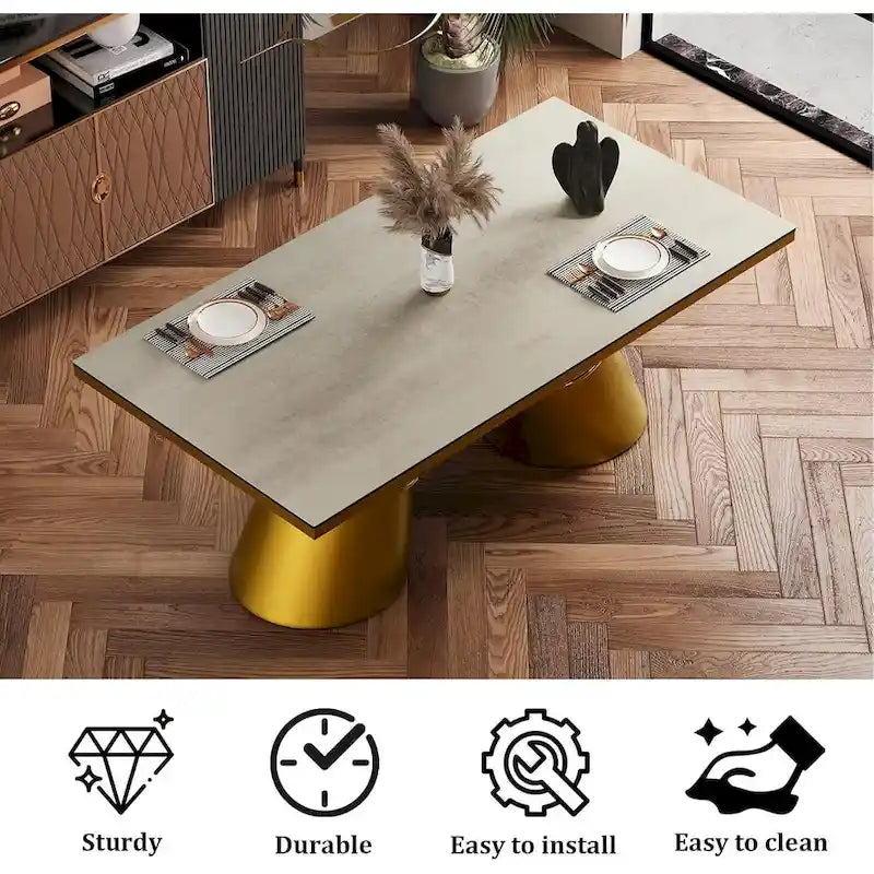 Table à manger en verre trempé blanc et or brossé avec piètement conique – 6 à 8 places