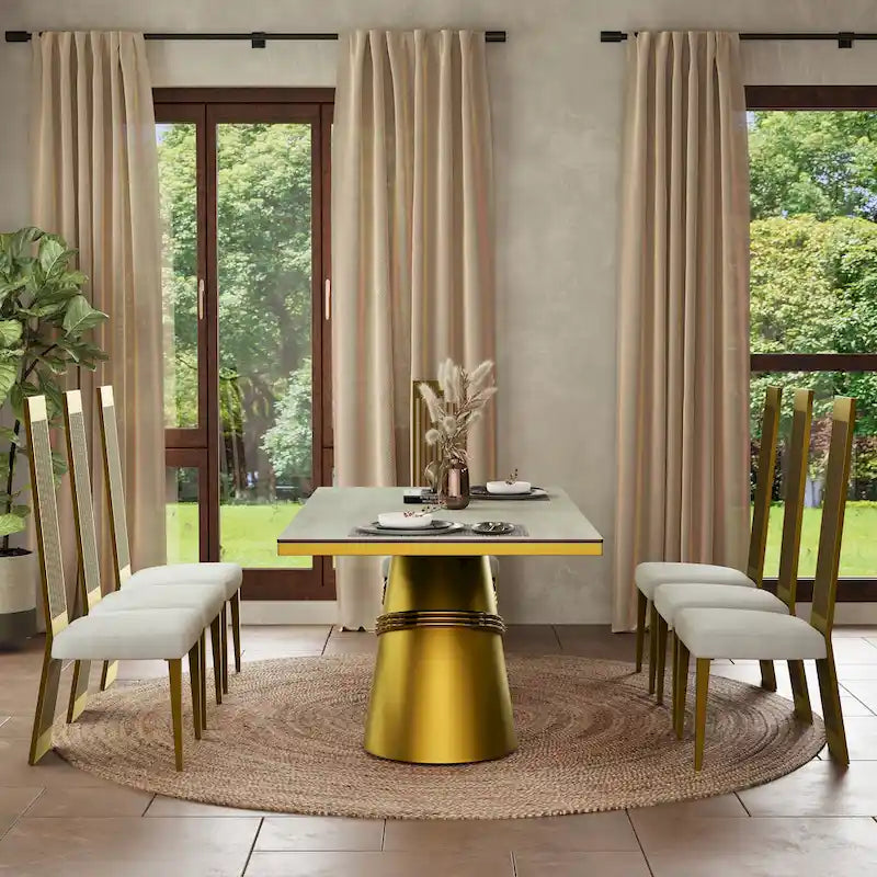 Table à manger en verre trempé blanc et or brossé avec piètement conique – 6 à 8 places