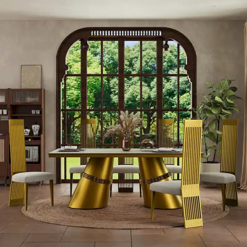 Table à manger en verre trempé blanc et or brossé avec piètement conique – 6 à 8 places