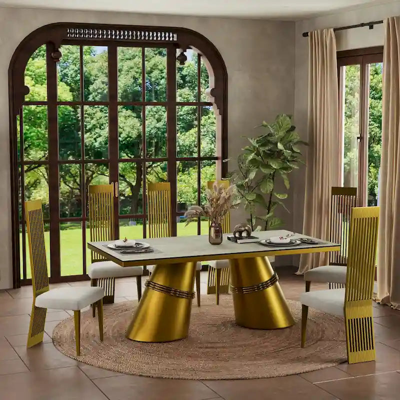 Table à manger en verre trempé blanc et or brossé avec piètement conique – 6 à 8 places
