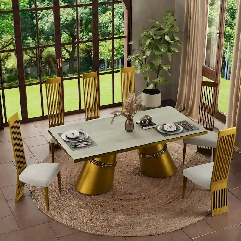 Table à manger en verre trempé blanc et or brossé avec piètement conique – 6 à 8 places