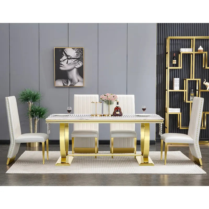 Table à manger en verre trempé blanc et or brossé avec piètement conique – 6 à 8 places