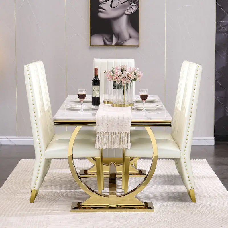 Table à manger en verre trempé blanc et or brossé avec piètement conique – 6 à 8 places