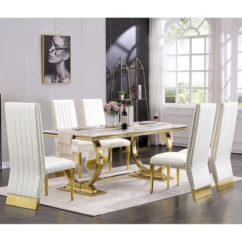 Table à manger en verre trempé blanc et or brossé avec piètement conique – 6 à 8 places