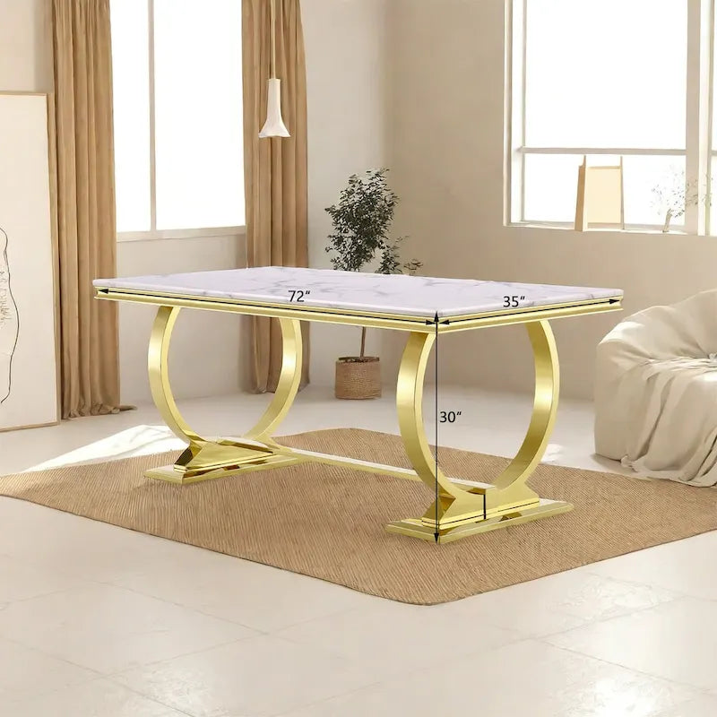 Table à manger en verre trempé blanc et or brossé avec piètement conique – 6 à 8 places